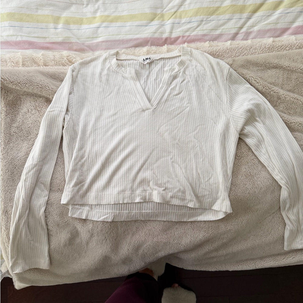 LNA Cream Ribbed V-Neck Long Sleeve Top